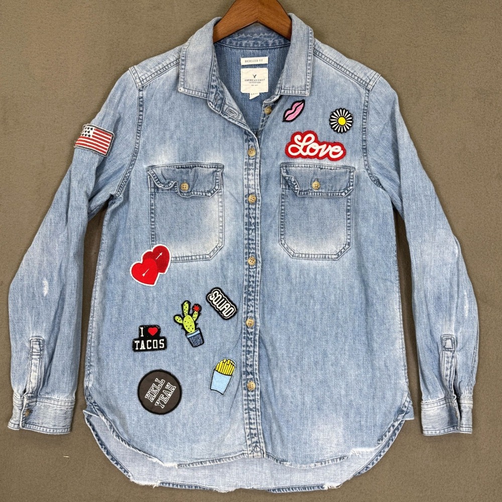 American Eagle Denim Shirt Women S Blue Patchwork Oversized Cotton Button Down